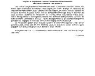 Consulta pública Proposta de Regulamento Específico de Estacionamento Controlado — Quinta do Lago (Almancil)